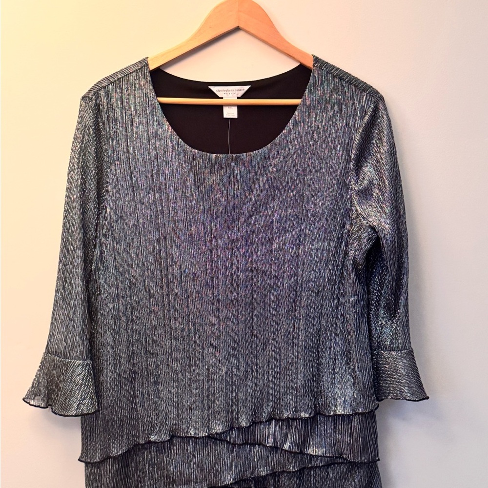 Christopher & Banks Gray Bell Sleeve Blouse with Ruffled Pleats